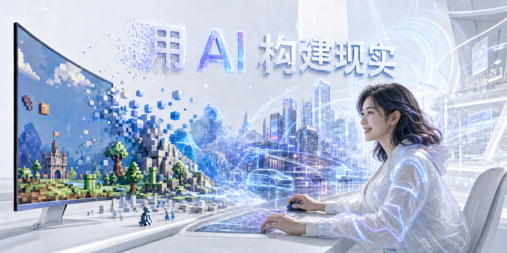 像素游戏世界逐步转化为高清未来城市,女性创作者在工作台前微笑